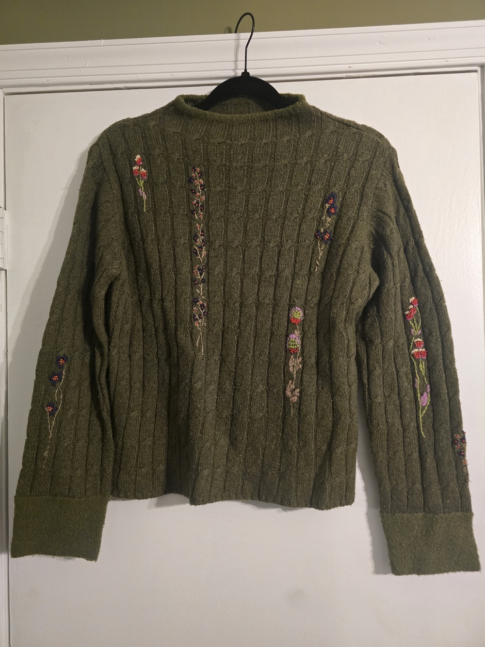 IVY Wool Blend Olive Green Cable-Knit Sweater with Floral Embroidery Small